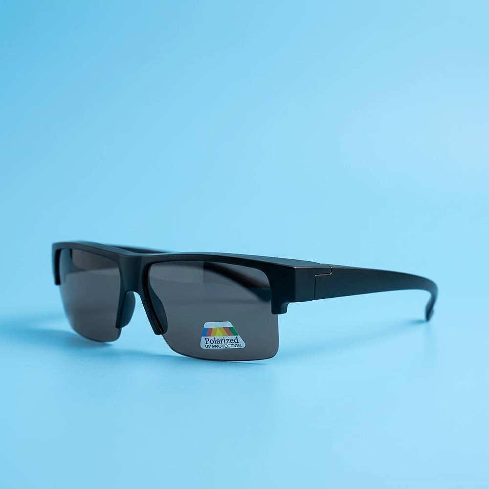 半框偏光太陽眼鏡 套鏡 +抗UV400 登山.釣魚.開車.戶外活動 砂黑框腳/灰內電藍片