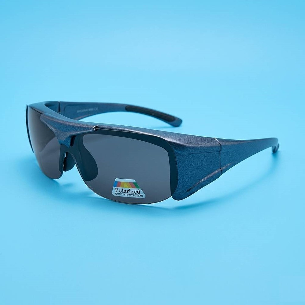 上掀式偏光太陽眼鏡 套鏡 可搭配近視眼鏡 登山.釣魚.開車.戶外活動 砂藍框腳/灰片