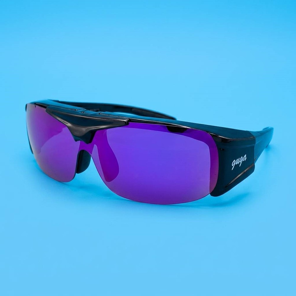 上掀式偏光太陽眼鏡 套鏡 可搭配近視眼鏡 亮黑框腳/藍水銀片