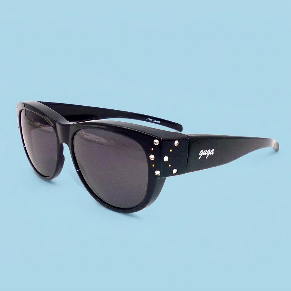 鑲鑽偏光太陽眼鏡 套鏡 包覆式太陽眼鏡 女款 亮黑/灰片
