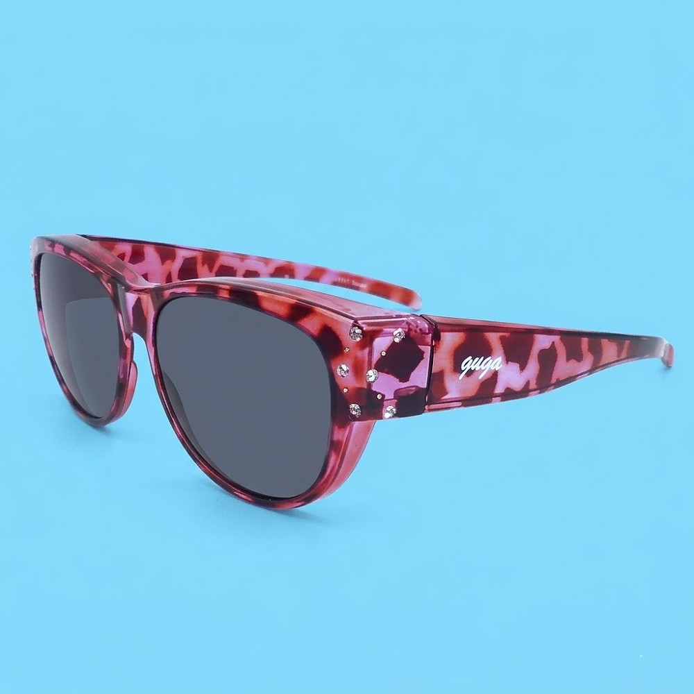 鑲鑽偏光太陽眼鏡 套鏡 包覆式太陽眼鏡 女款 紫豹/灰片