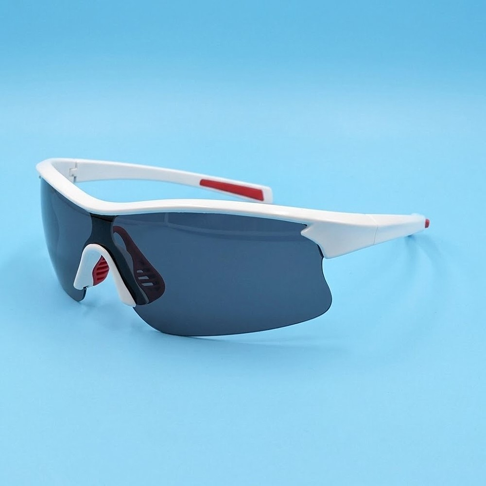 偏光太陽眼鏡 一片式運動偏光太陽眼鏡 自行車適用 開車 釣魚 登山 亮白框腳/紅鼻墊腳套/電藍水銀片