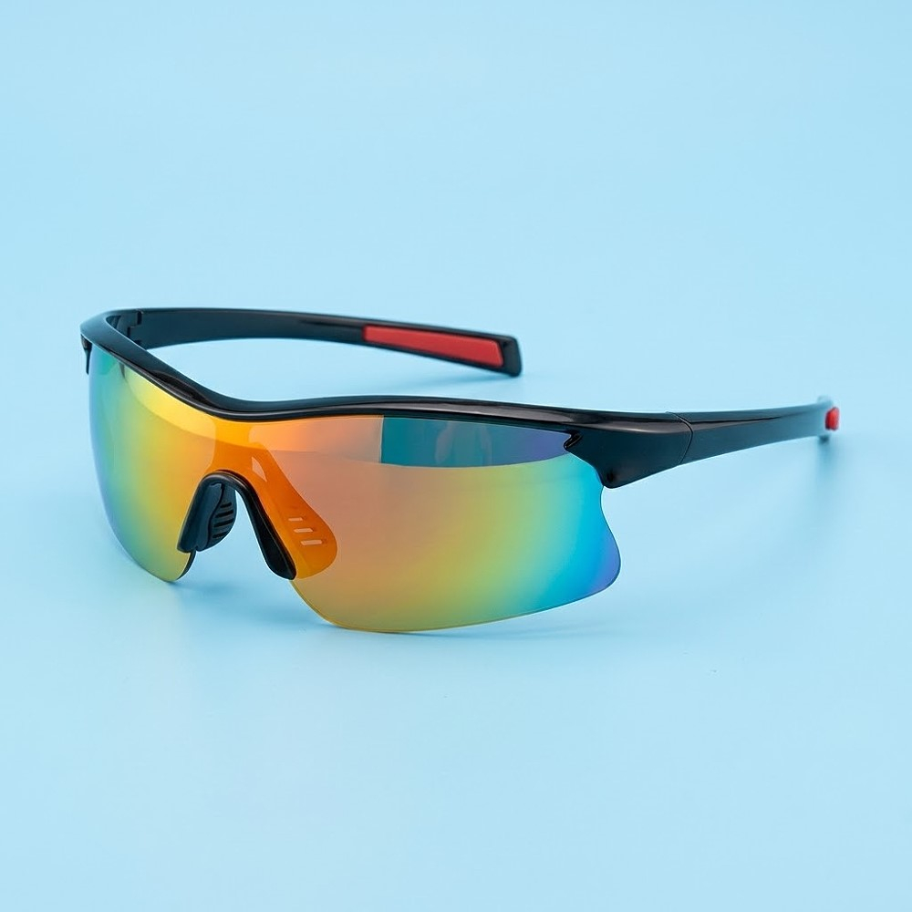 偏光太陽眼鏡 一片式運動偏光太陽眼鏡 自行車適用 開車 釣魚 登山 亮黑框腳/紅鼻墊腳套/電桔水銀片